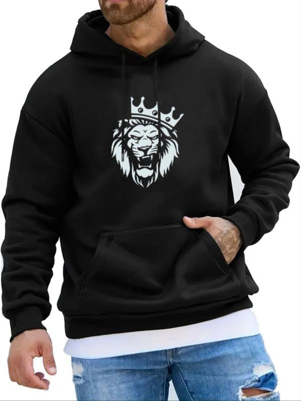 Men's Lion Print Drop Shoulder Hoodie, Fashion Casual Regular Fit Drawstring Pocket Hooded Sweatshirt for Daily Holiday...