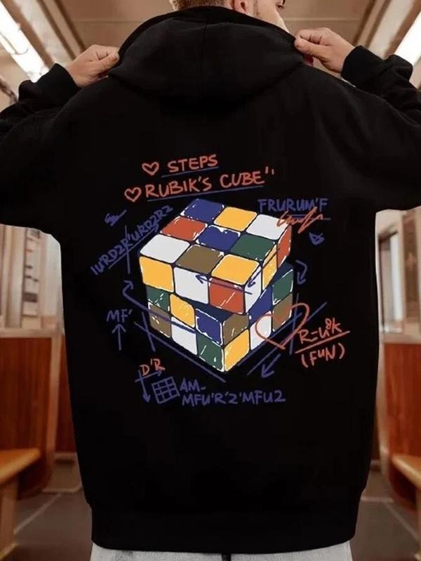 Men's Magic Cube & Letter Print Pocket Hoodie, Regular Fit Casual  Drawstring Hooded Sweatshirt for Fall & Winter, Men's...