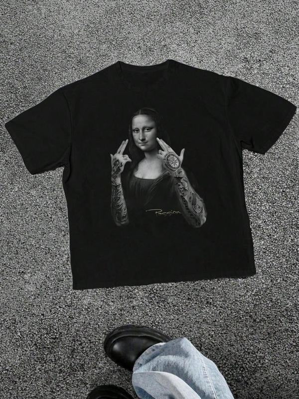 Men's Mona Lisa Graphic Print Round Neck Tee, Loose Casual Short Sleeve T-shirt, Men's Summer Top for Daily Wear,...