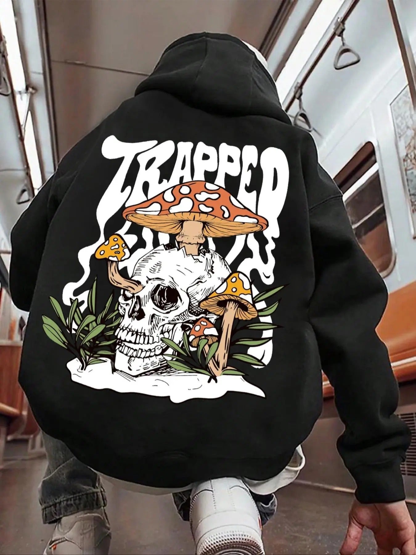 Men's Mushroom & Skull Print Drop Shoulder Hoodie, Fashion Casual Regular Fit Drawstring Hooded Sweatshirt for Daily...