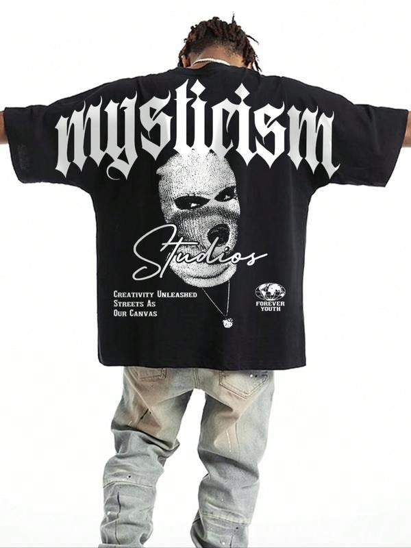 Men's Mysticism Letter & Figure Print Drop Shoulder Graphic Tee, Regular Fit Casual Fashion Soft Comfy Half Sleeve Round...