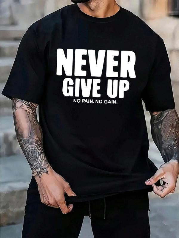 Men's NO PAIN NO GAIN Letter Print Tee, Regular Fit Casual Short Sleeve Round Neck T-shirt for Summer, Men's Top for...
