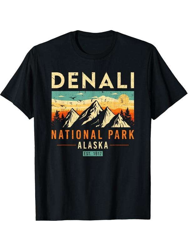 Men's National Park Graphic Print Round Neck Tee, Loose Casual Short Sleeve T-shirt for Summer, Men's Top for Daily Wear,...