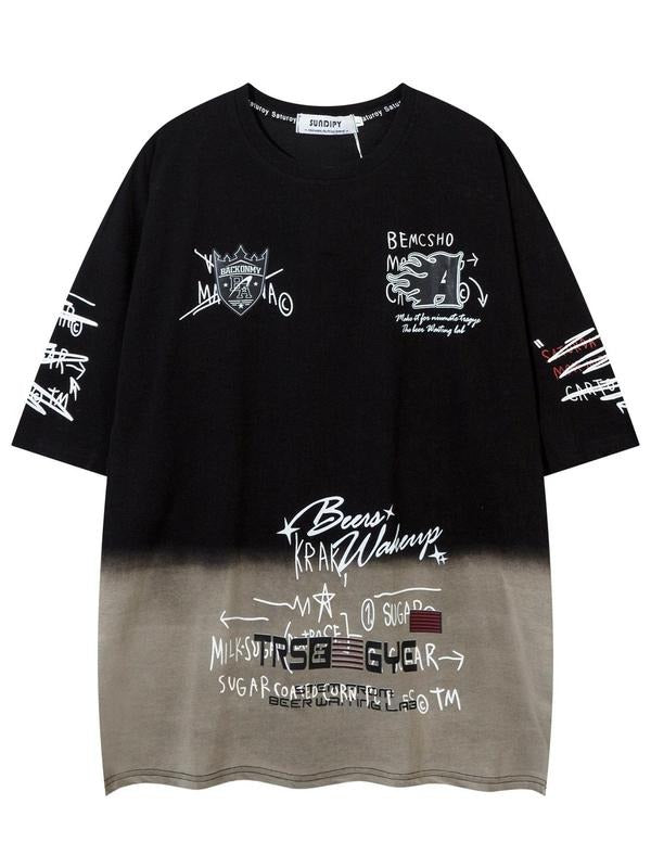 Men's Ombre Letter Print Short Sleeve T-shirt, Loose Casual Fashion Round Neck Tee for Summer, Men's Top for Daily Wear...