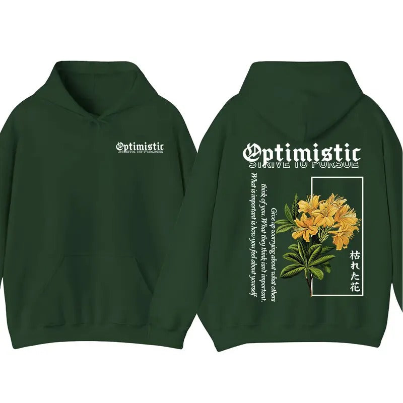 Men's Optimistic Hoodie T-Shirt with Flower Print, Motivational Graphic Apparel, Aesthetic Menswear Tops, Comfortable...