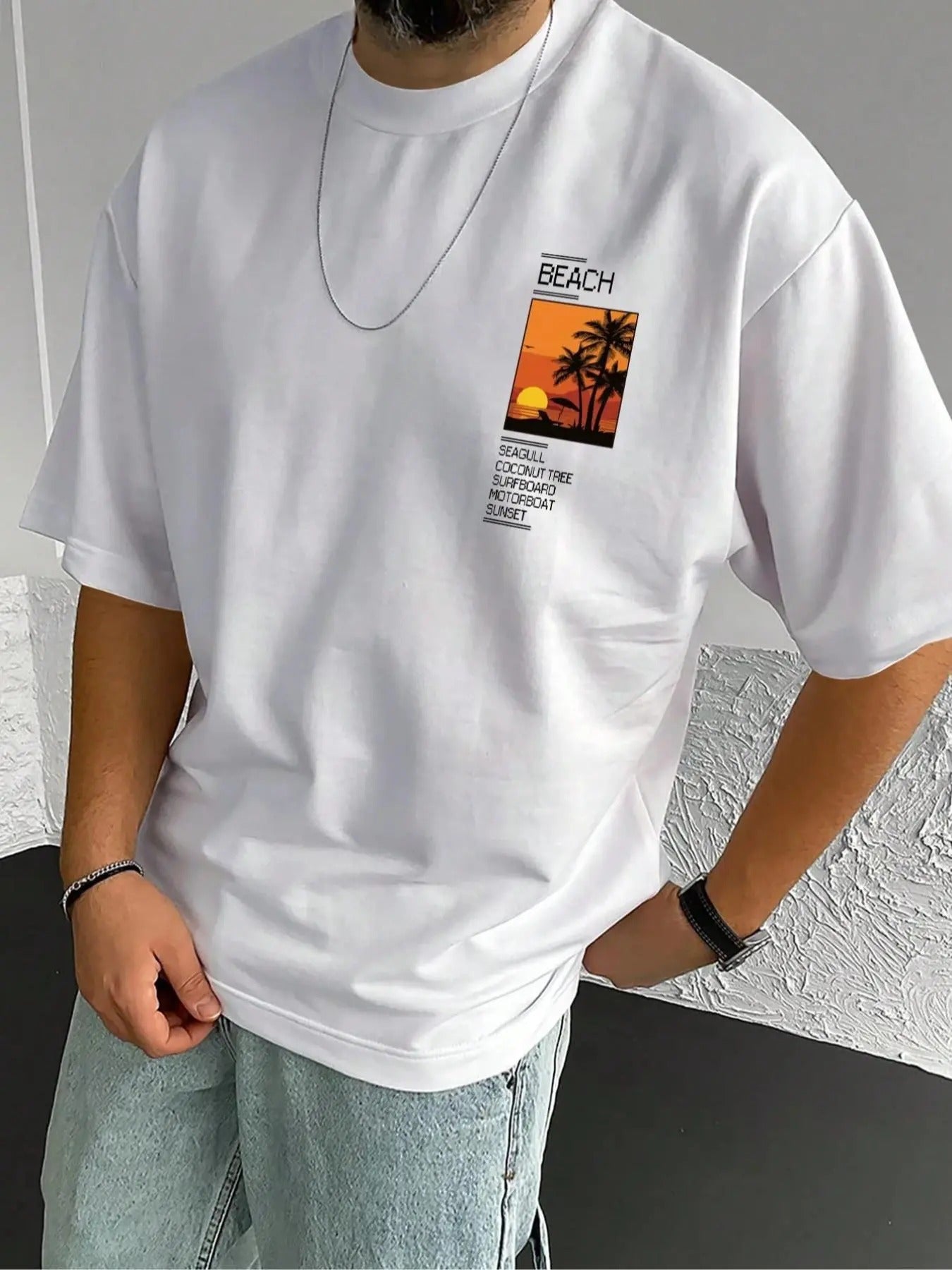 Men's Palm Tree & Sunset Print Round Neck Graphic Tee, Loose Casual Short Sleeve T-shirt for Summer, Men's Top for Daily...