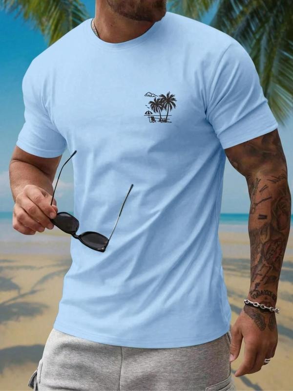 Men's Palm Tree Print Round Neck Graphic Tee, Loose Casual Short Sleeve T-shirt for Summer, Men's Top for Beach Vacation...