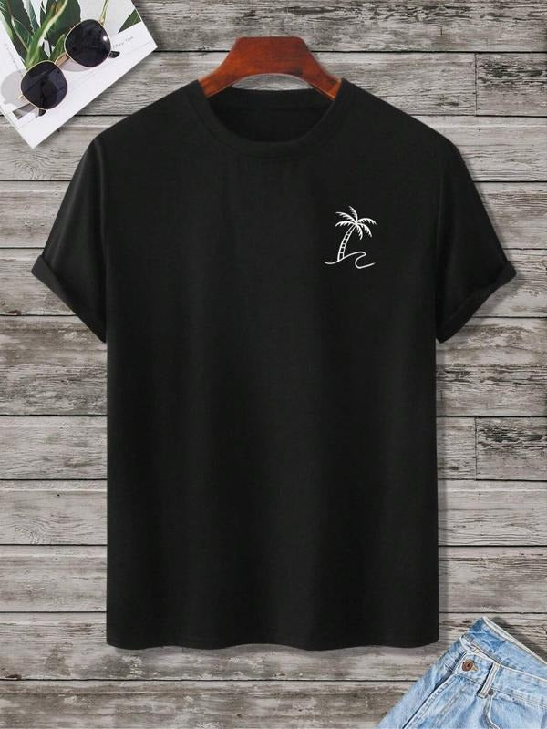 Men's Palm Tree Print Round Neck Tee, Loose Casual Short Sleeve Crew Neck T-shirt for Summer, Fashion Men's Top for Daily...