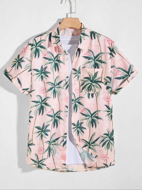 Men's Palm Tree Print Short Sleeve Loungewear Shirt, Casual Comfy Button Up Top for Beach Vacation, Men's Sleepwear &...