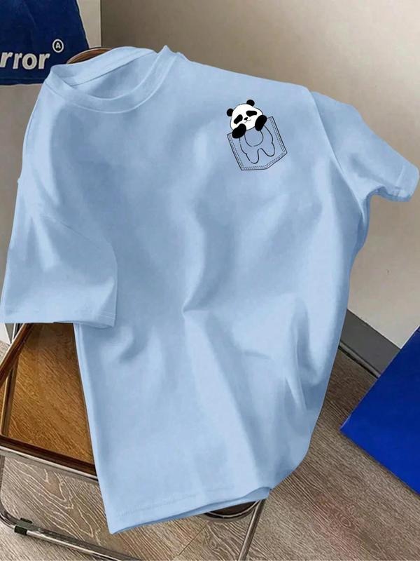 Men's Panda & Pocket Print Round Neck Tee, Loose Casual Short Sleeve T-shirt for Summer, Men's Top for Daily Wear,...