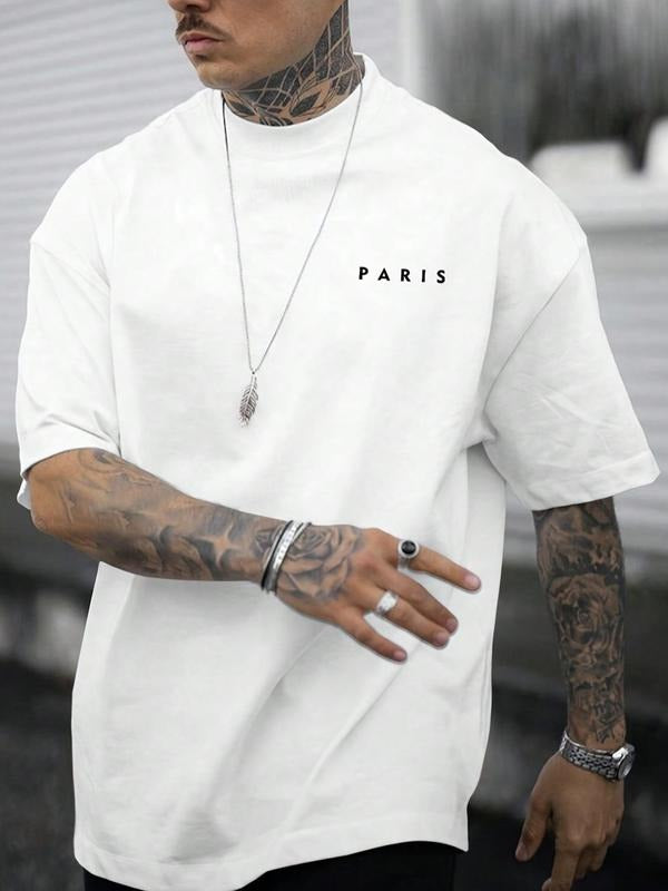 Men's Paris Letter Print Round Neck Graphic Tee, Loose Casual Short Sleeve T-shirt for Summer, Men's Top for Daily Wear...