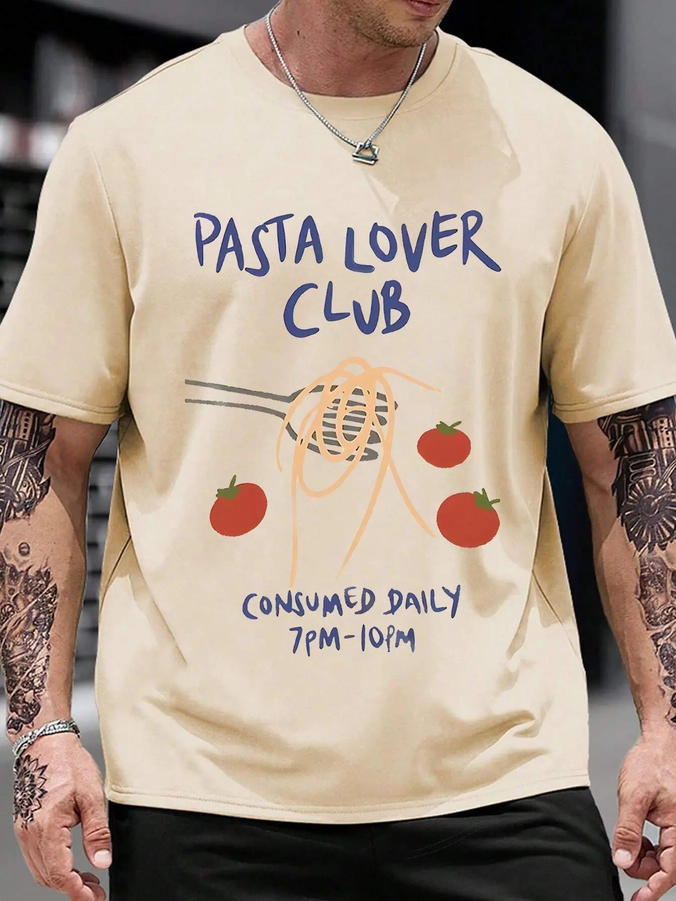 Men's Pasta Lover Print Round Neck Tee, Regular Fit Casual Street Short Sleeve T-shirt for Summer, Men's Top for Daily...