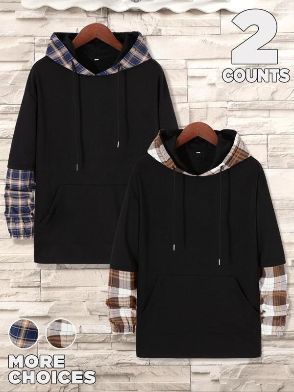 Plaid Print 2 1 Drawstring Casual Regular Fit Pocket Long Sleeve Hooded Clothes Fall & Winter Daily T-Shirts, Hoodie, Sweatshirt