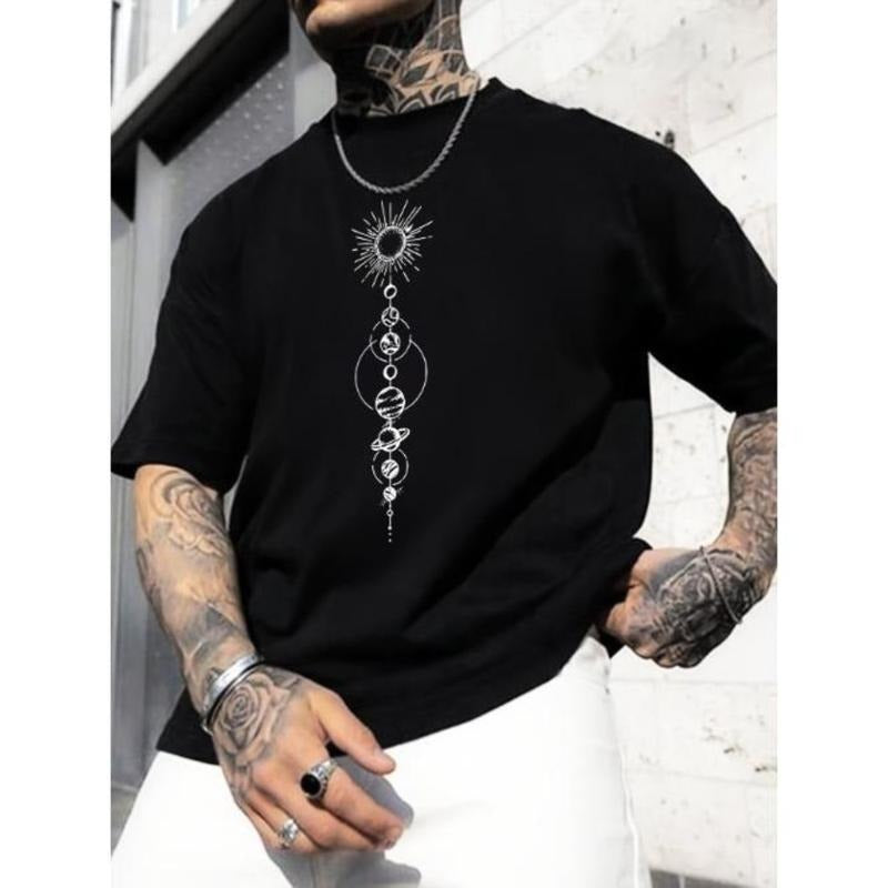 Men's Planet Pattern Crew Neck Short Sleeve T-shirt, Tees For Men, Casual And Trendy Tops For Summer Daily And Sports...
