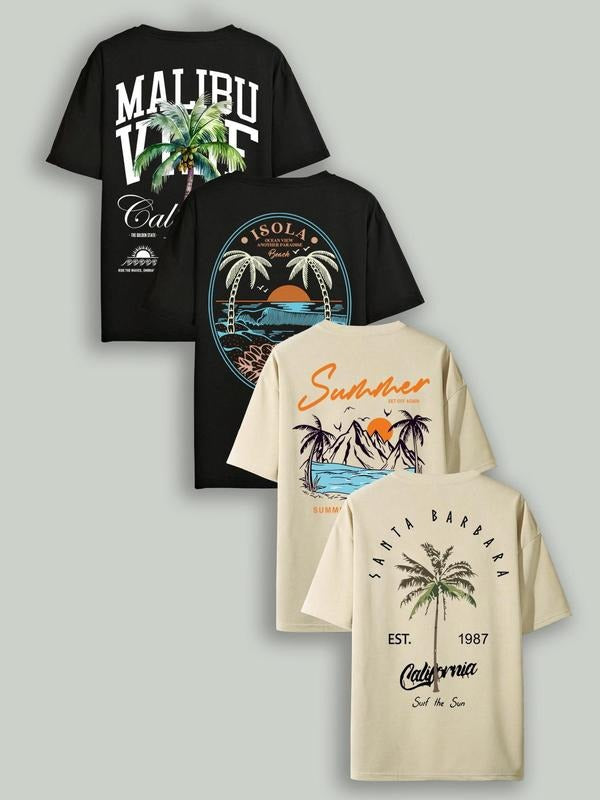 Men's Plants Print Round Neck Tee, Trendy Coconut Tree Print Short Sleeve T-Shirt for Men, Casual Comfy Knitting Top for...