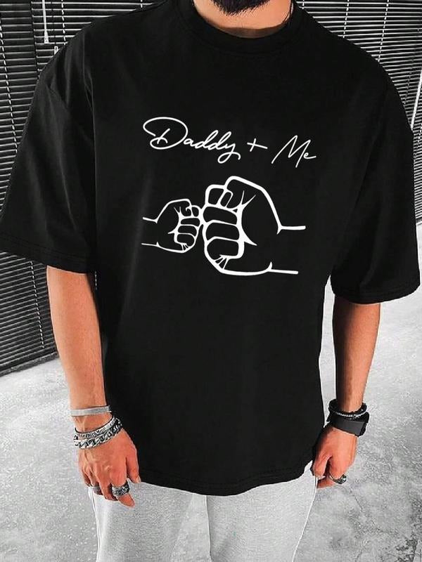 Men's Plus Size "Daddy + Me" Print Drop Shoulder Tee, Casual Loose Fist Bump Print Half Sleeve T-Shirt, Men's Plus Size...