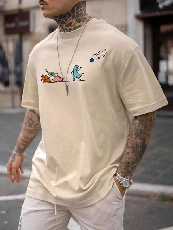 Men's Plus Size Cartoon Dinosaur Print Round Neck Tee, Regular Fit Casual Short Sleeve T-shirt, Men's Plus Size Summer...