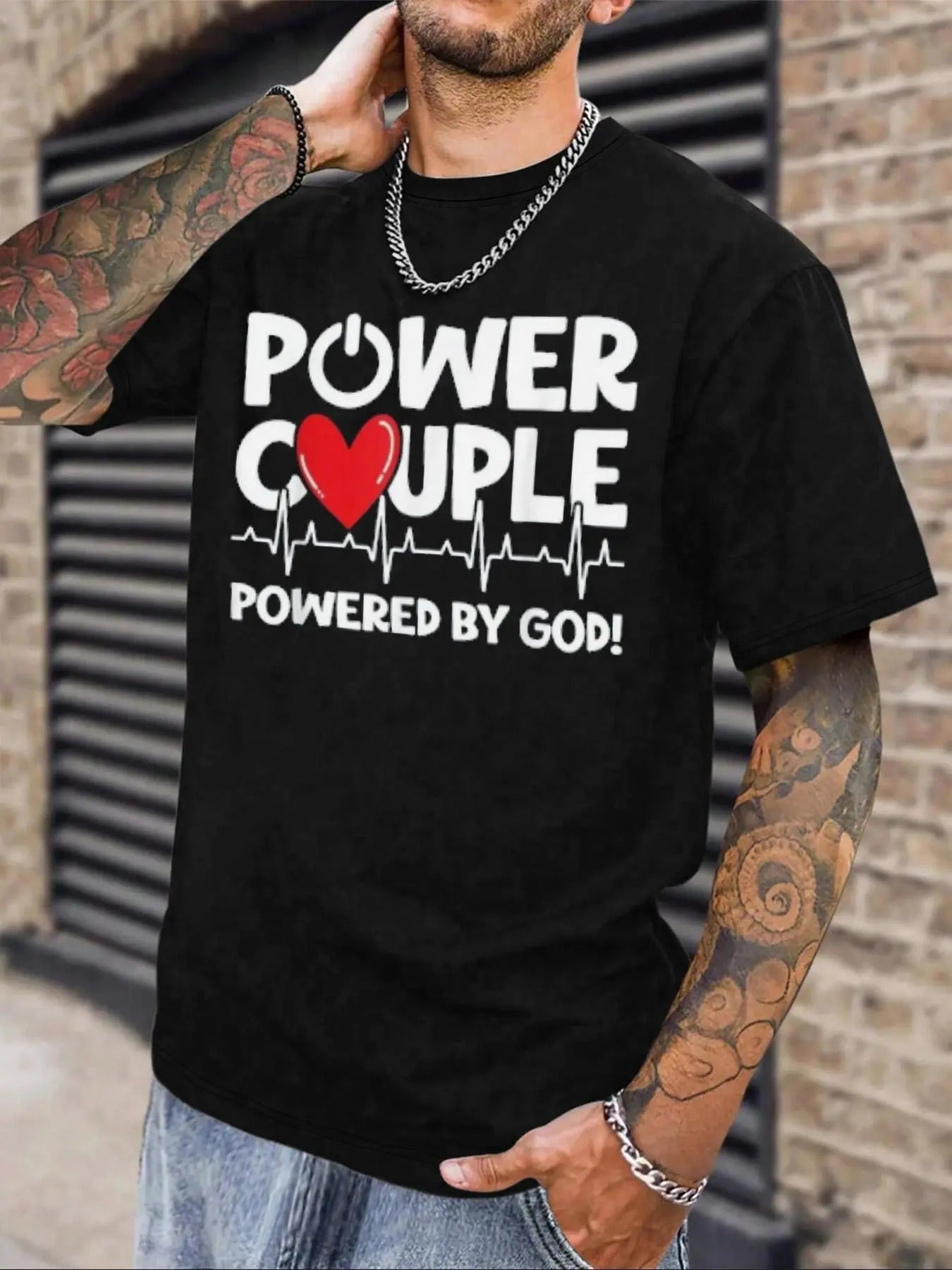 Men's Power Couple Letter Print Tee, Regular Fit Casual Fashion Short Sleeve T-shirt for Daily Wear, Men's Top for All...