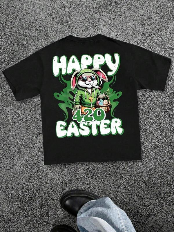 Men's Rabbit & Easter Eggs Print Round Neck Tee, Loose Casual Happy Easter Short Sleeve T-shirt for Summer, Men's Top for...