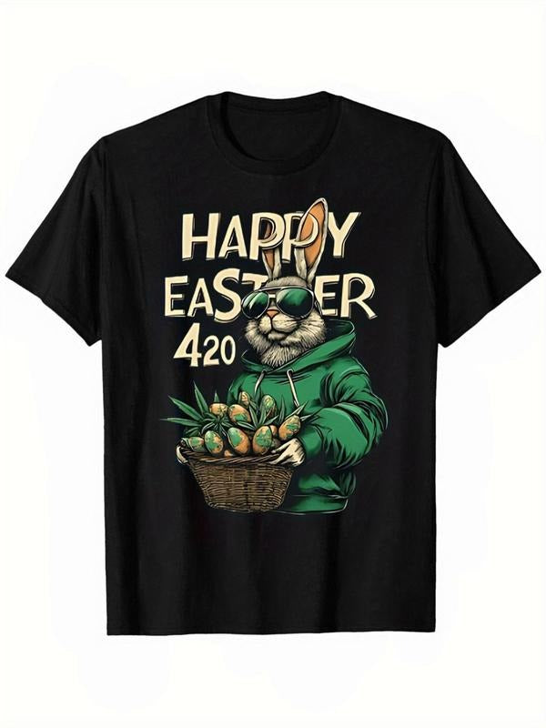 Men's Rabbit & Eggs Graphic Print Round Neck Tee, Loose Casual Happy Easter Day Short Sleeve T-shirt for Summer, Men's...