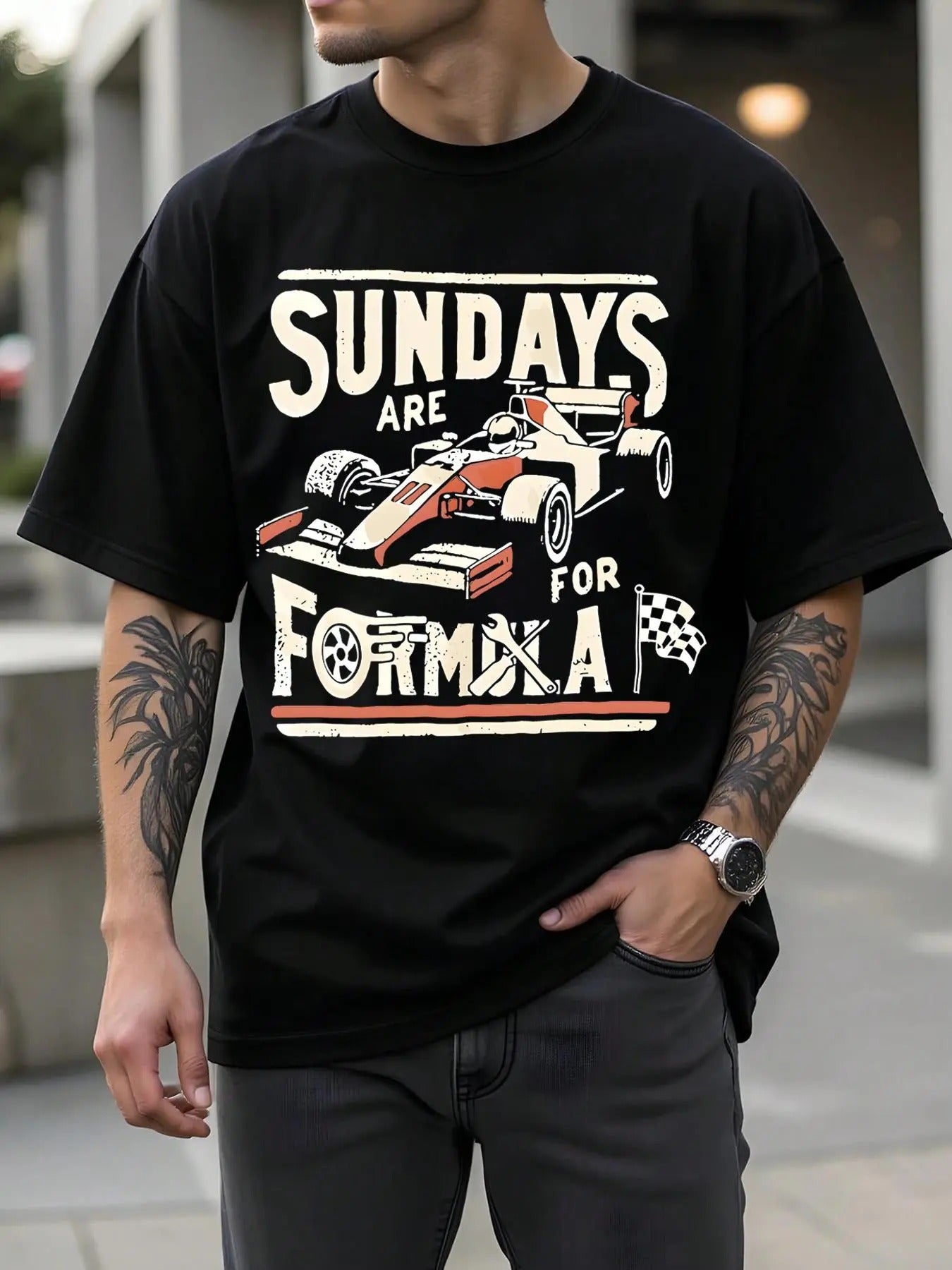 Men's Race Car Print Round Neck Graphic Tee, Regular Fit Casual Short Sleeve T-shirt for Summer, Men's Top for Daily...