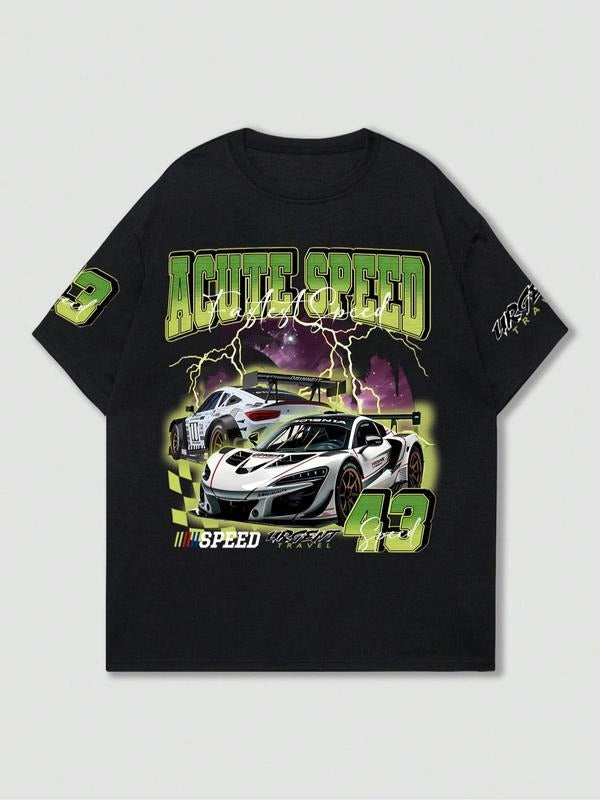 Men's Racing Car Graphic  Print Round Neck Tee, Loose  Casual Comfy Short Sleeve Crew Neck T-shirt for Summer, Fashion...