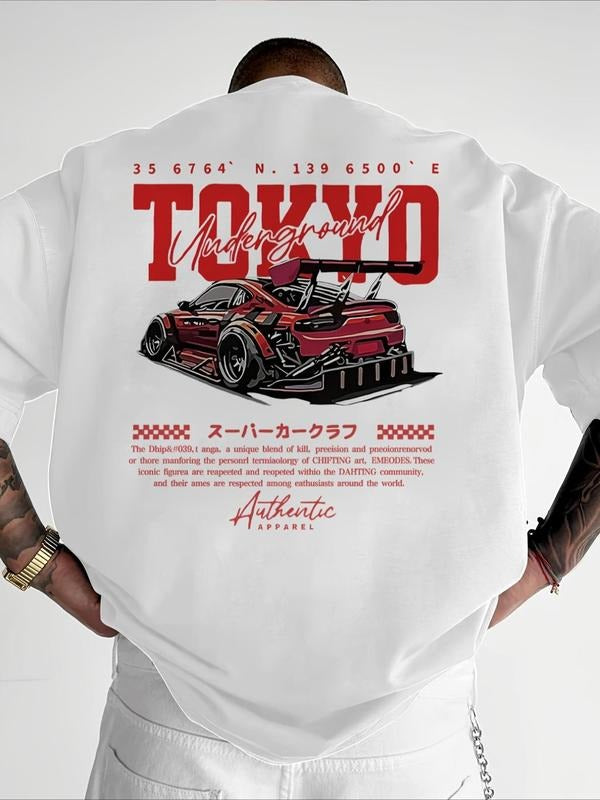 Men's Racing Car Print Round Neck Tee, Loose Casual Short Sleeve T-shirt for Summer, Men's Top for Daily Wear, Tropical...
