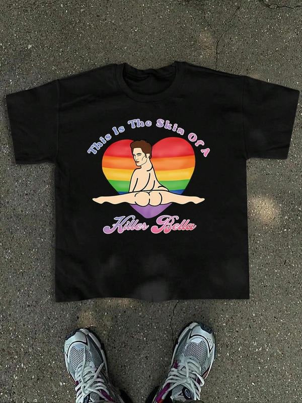 Men's Rainbow Heart & Letter Print Round Neck Tee, Loose Casual Short Sleeve T-shirt for Summer, Men's Top for Daily...