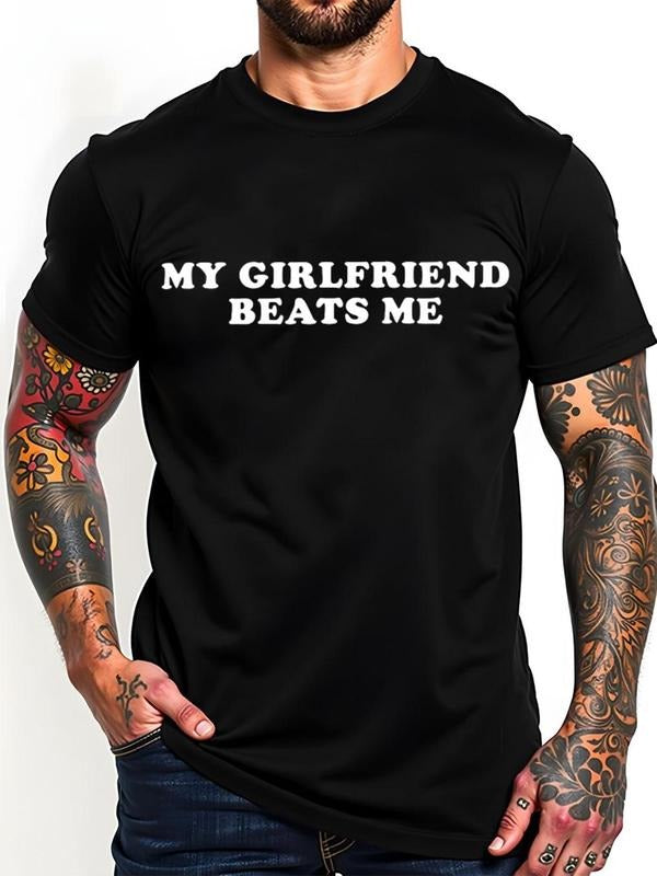 Men's Regular Fit "My Girlfriend Beats Me" Print Round Neck Tee, Casual Short Sleeve Crew Neck T-shirt for Summer,...