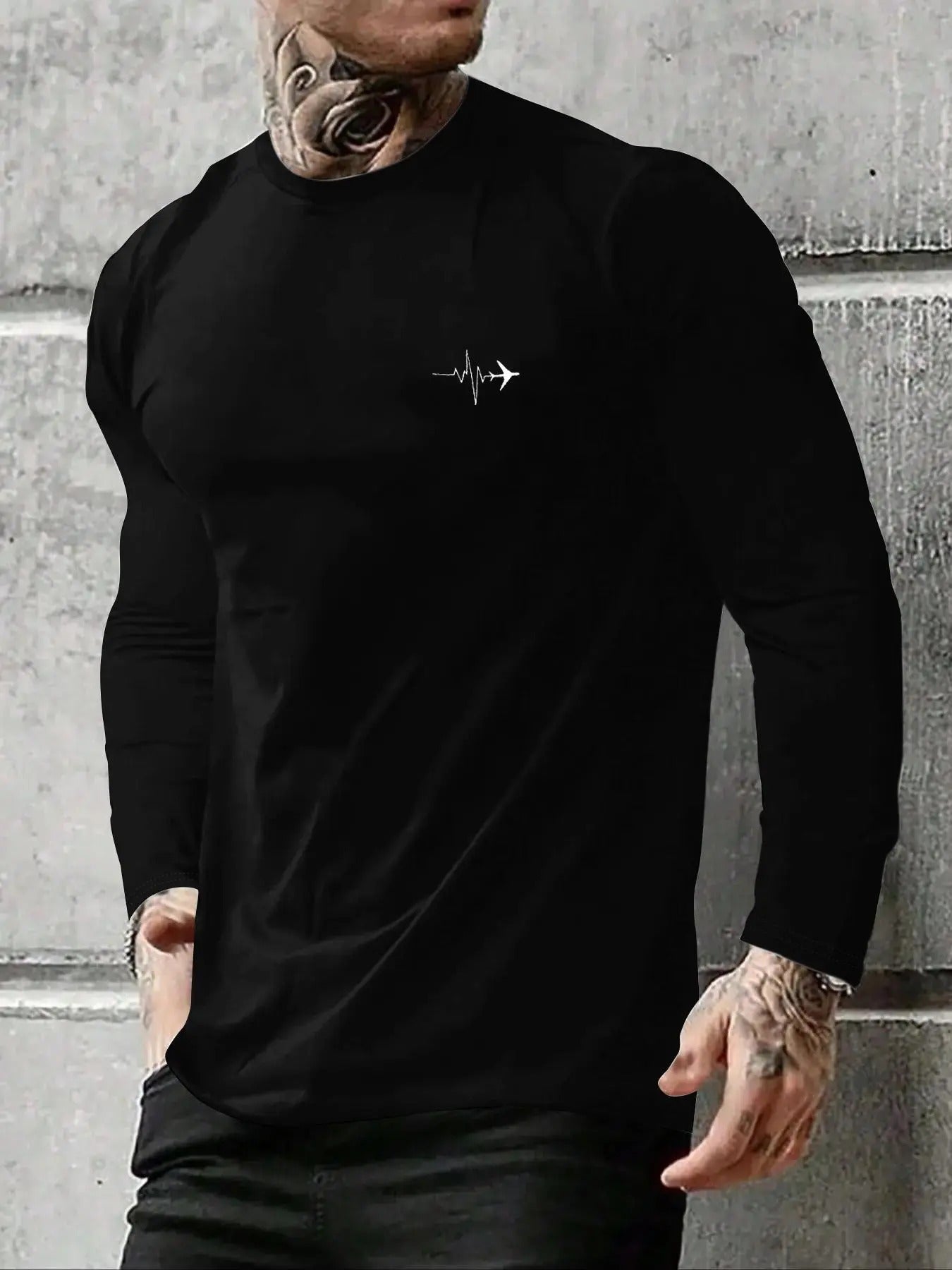 Men's Regular Fit Airplane Print Long Sleeve Tee, Casual Round Neck T-shirt for Spring & Fall, Fashion Men's Top for...