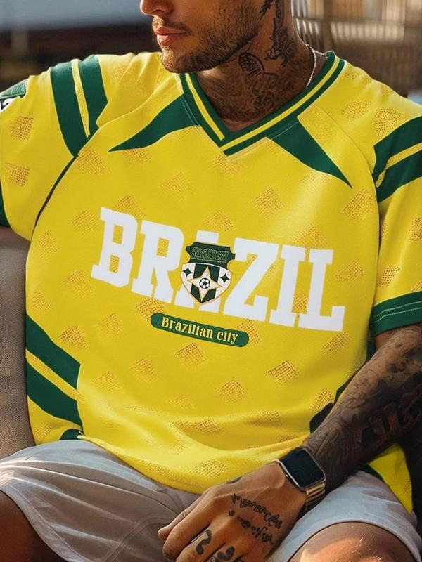 Men's Regular Fit Brazilian Flag & Letter Print Short Sleeve Tee, Casual Comfy Round Neck T-shirt for Summer, Fashion...
