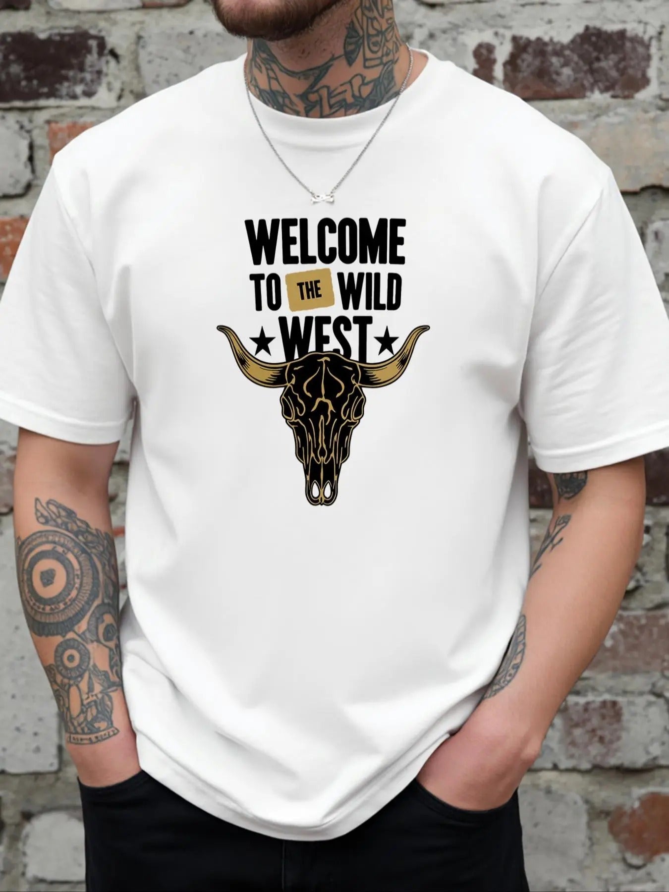 Men's Regular Fit Bull Head & Letter Print Round Neck Tee, Casual Short Sleeve Crew Neck T-shirt for Daily Wear, Fashion...
