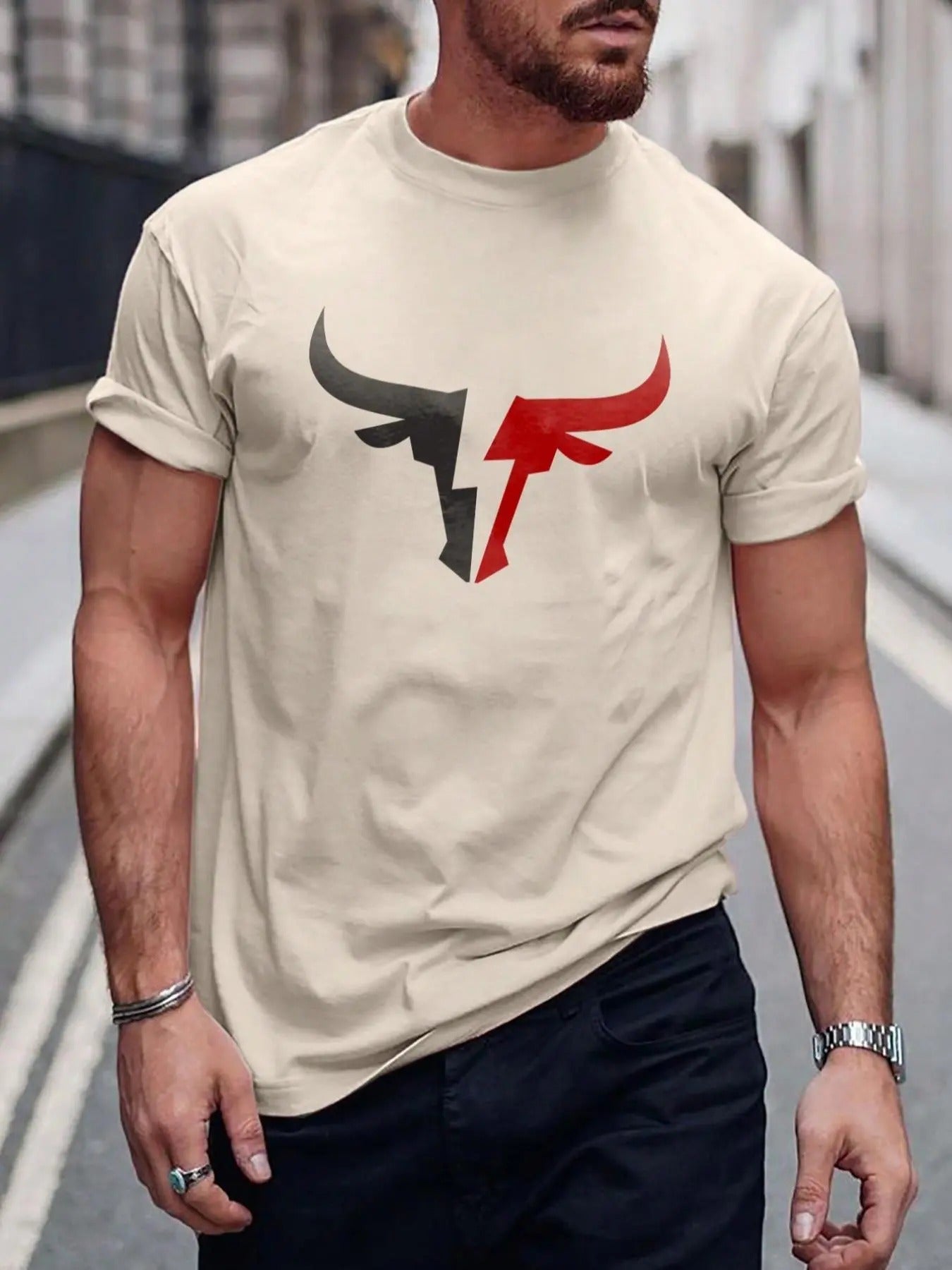 Men's Regular Fit Bull Head Print Round Neck Tee, Casual Short Sleeve Crew Neck T-shirt for Summer, Fashion Men's Top for...