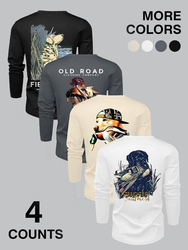 Men's Regular Fit Camo & Letter Print Round Neck Long Sleeve Tee, Casual Crew Neck T-shirt for Outdoor Daily Wear, Men's...