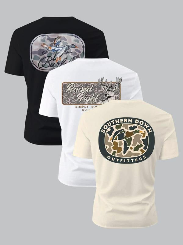 Men's Regular Fit Camo & Letter Print Round Neck Tee, Casual Short Sleeve Crew Neck T-shirt for Summer, Fashion Men's Top...