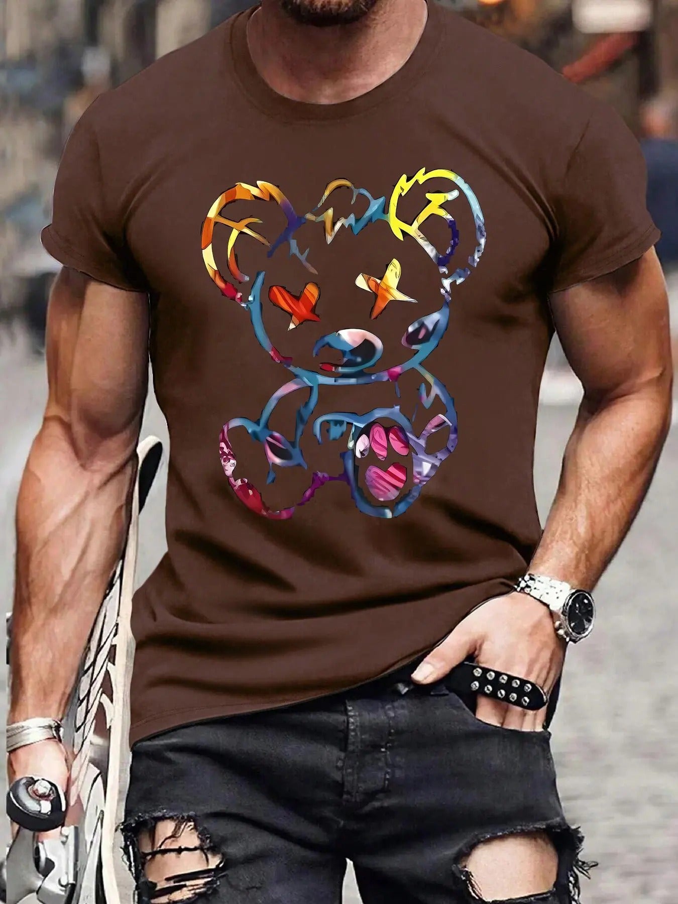 Men's Regular Fit Cartoon Bear Print Round Neck Tee, Casual Short Sleeve Crew Neck T-shirt for Summer, Fashion Men's Top...