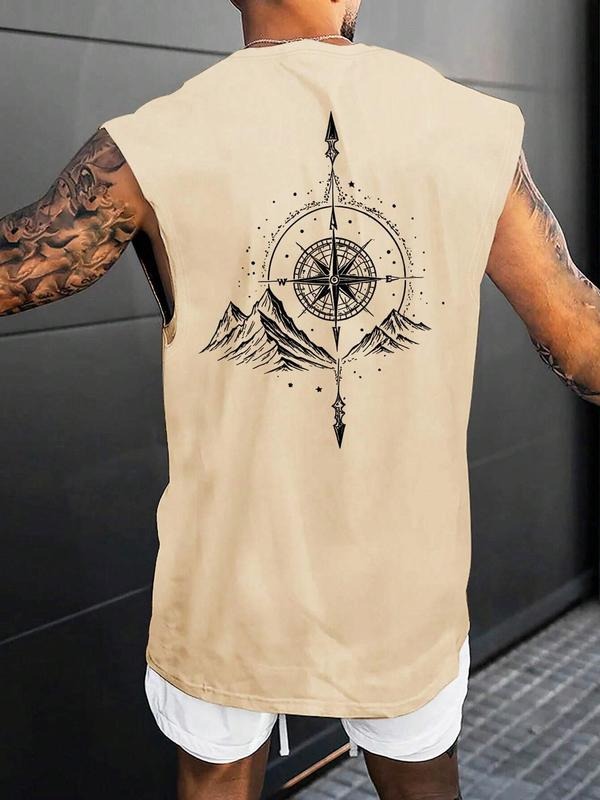 Men's Regular Fit Compass & Mountain Print Tank Top, Casual Sleeveless Top for Summer, Menswear for Daily Wear, Tshirt...