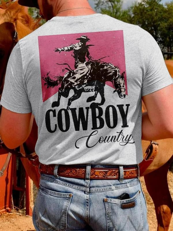Men's Regular Fit Cowboy Vintage Graphic Print Round Neck Tee, Casual Short Sleeve T-shirt for Daily Wear, Men's Top for...