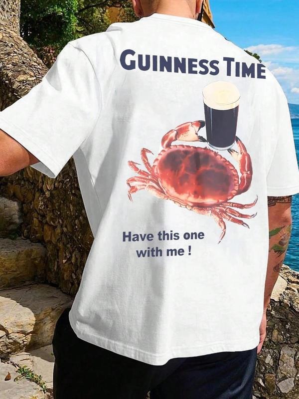 Men's Regular Fit Crab & Guinness Time Print Round Neck Tee, Casual Short Sleeve T-shirt for Summer, Men's Top for Daily...