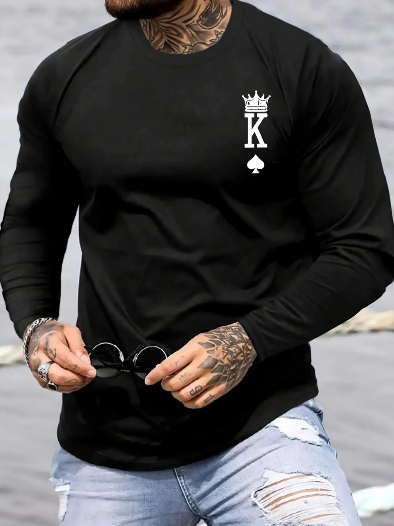 Men's Regular Fit Crown & Letter Print Round Neck Tee, Casual Long Sleeve Crew Neck T-shirt for Spring, Fashion Men's Top...