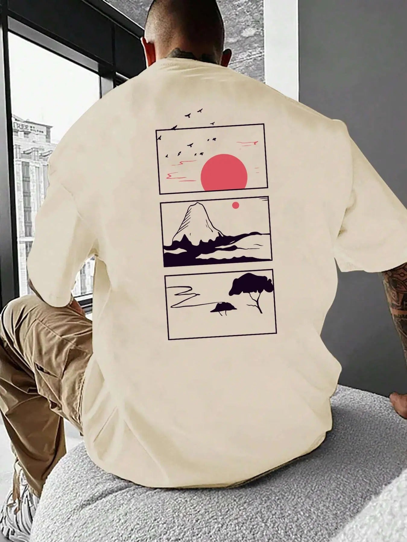 Men's Regular Fit Landscape Print Drop Shoulder Tee, Street Fashion Casual Short Sleeve Round Neck T-Shirt for Summer,...