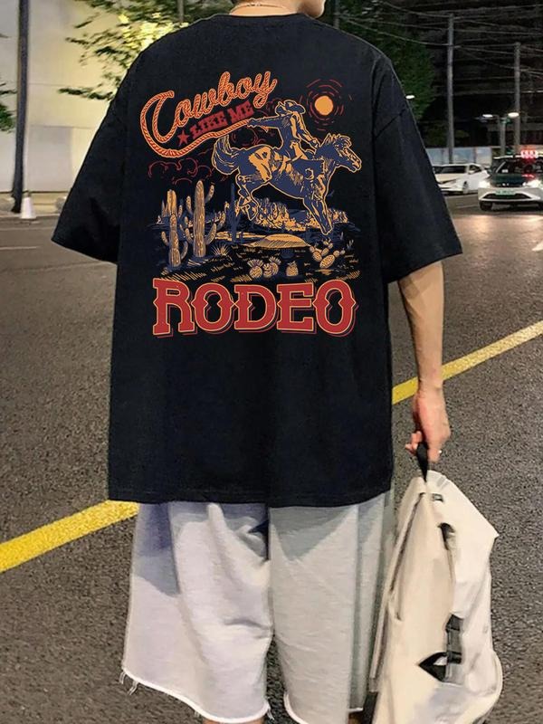 Men's Regular Fit Letter & Cowboy Print Drop Shoulder Tee, Casual Comfy Round Neck Half Sleeve T-shirt for Summer,...