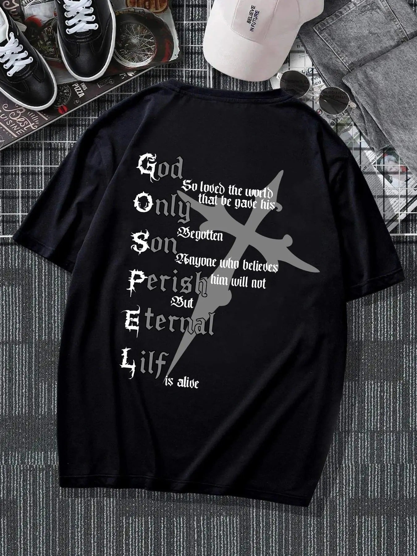 Men's Regular Fit Letter & Cross Print Drop Shoulder Tee, Street Fashion Casual Graphic Short Sleeve Round Neck T-shirt...