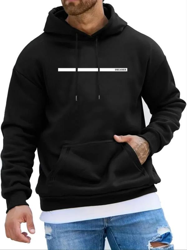Men's Regular Fit Letter & Geometric Print Drop Shoulder Hoodie, Fashion Casual Drawstring Pocket Hooded Sweatshirt for...
