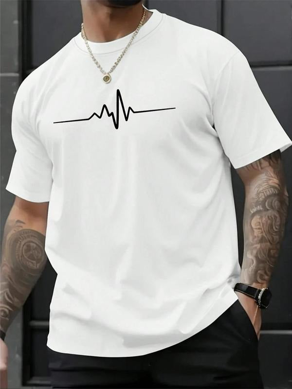 Men's Regular Fit Letter & Heartbeat Print Round Neck Tee, Casual Short Sleeve Crew Neck T-shirt for Summer, Fashion...