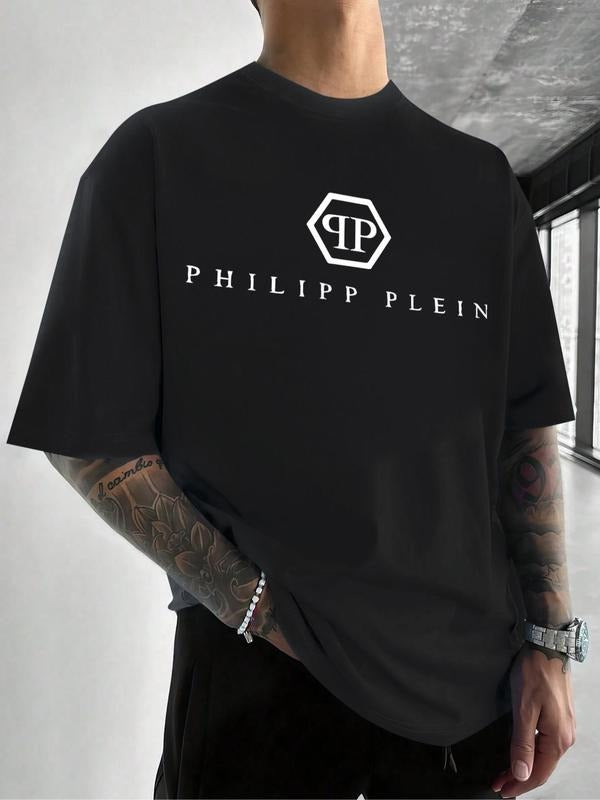 Men's Regular Fit Letter Print Round Neck Tee, Casual Short Sleeve Crew Neck T-Shirt for Daily Wear, Fashion Men's Top...