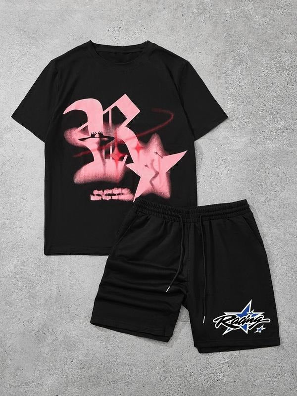 Men's Regular Fit Letter Print Short Sleeve Graphic Tee & Shorts Two-piece Set, Casual Round Neck T-shirt & Track Shorts,...