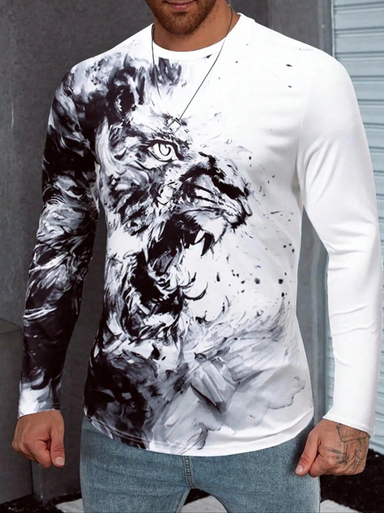 Men's Regular Fit Lion Print Long Sleeve Graphic Tee, Casual Round Neck T-Shirt for Summer, Fashion Men's Top for Daily...