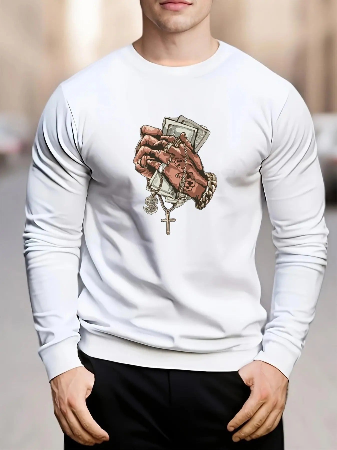 Men's Regular Fit Money & Hand Print Round Neck Sweatshirt, Casual Long Sleeve Crew Neck Pullover for Daily Wear, Fashion...