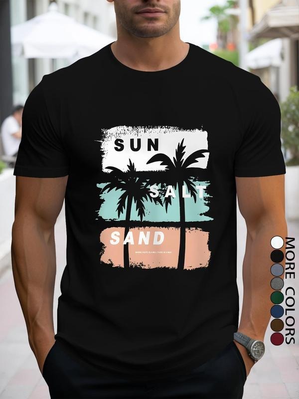 Men's Regular Fit Palm Tree & Letter Print Short Sleeve Graphic Tee, Casual Comfy Round Neck T-shirt for Summer, Fashion...